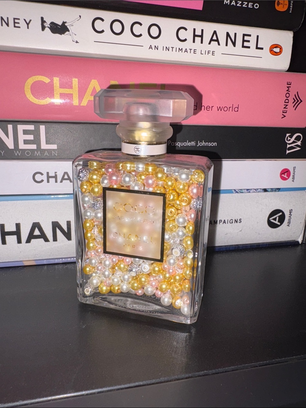 Chanel-Inspired Gold & Pink Pearl Decorative Perfume Bottle